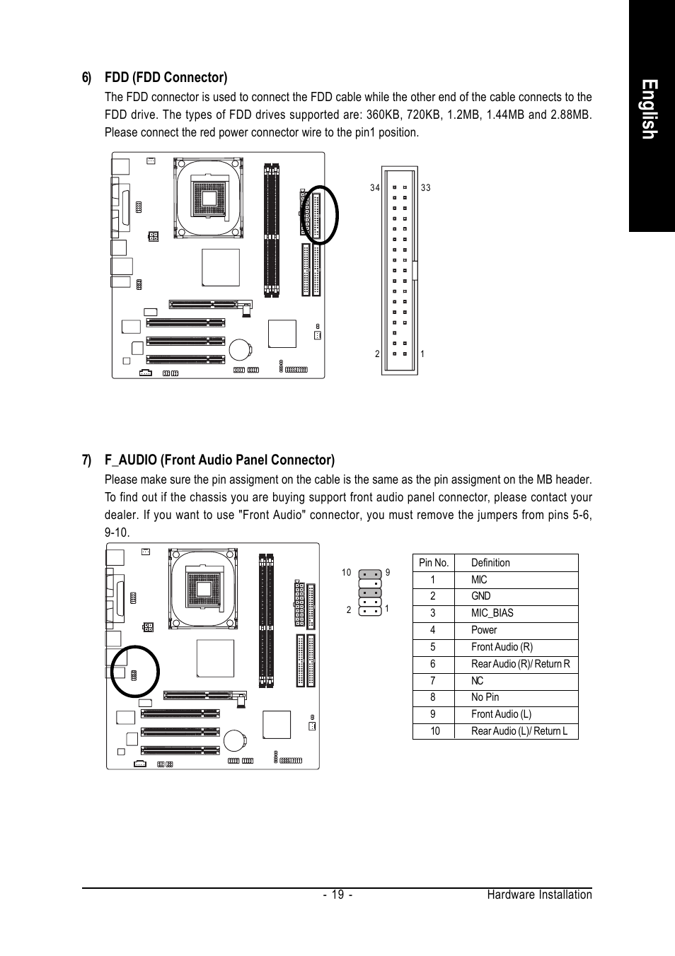 English, 6) fdd (fdd connector), 7) f_audio (front audio panel connector) | GIGABYTE GA-8S661GXMP User Manual | Page 19 / 72