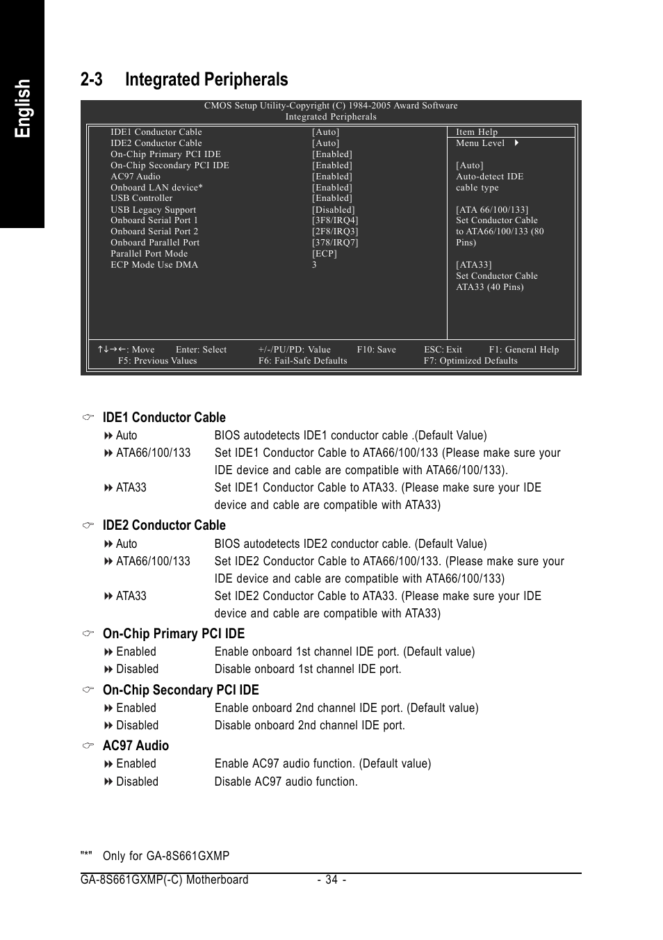 English, 3 integrated peripherals, Ide1 conductor cable | Ide2 conductor cable, On-chip primary pci ide, On-chip secondary pci ide, Ac97 audio | GIGABYTE GA-8S661GXMP User Manual | Page 34 / 72