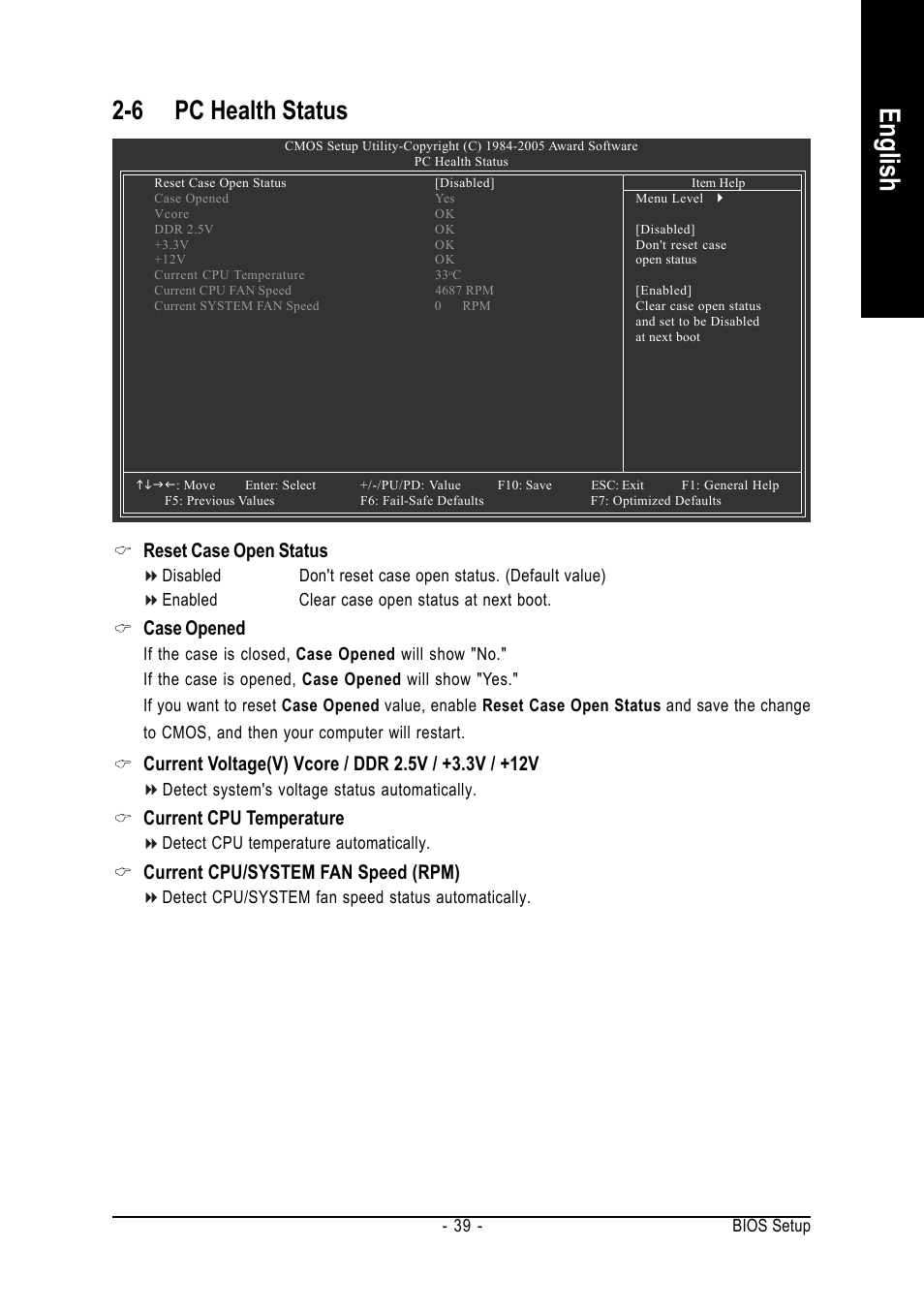 English, 6 pc health status, Reset case open status | Case opened, Current cpu temperature, Current cpu/system fan speed (rpm) | GIGABYTE GA-8S661GXMP User Manual | Page 39 / 72