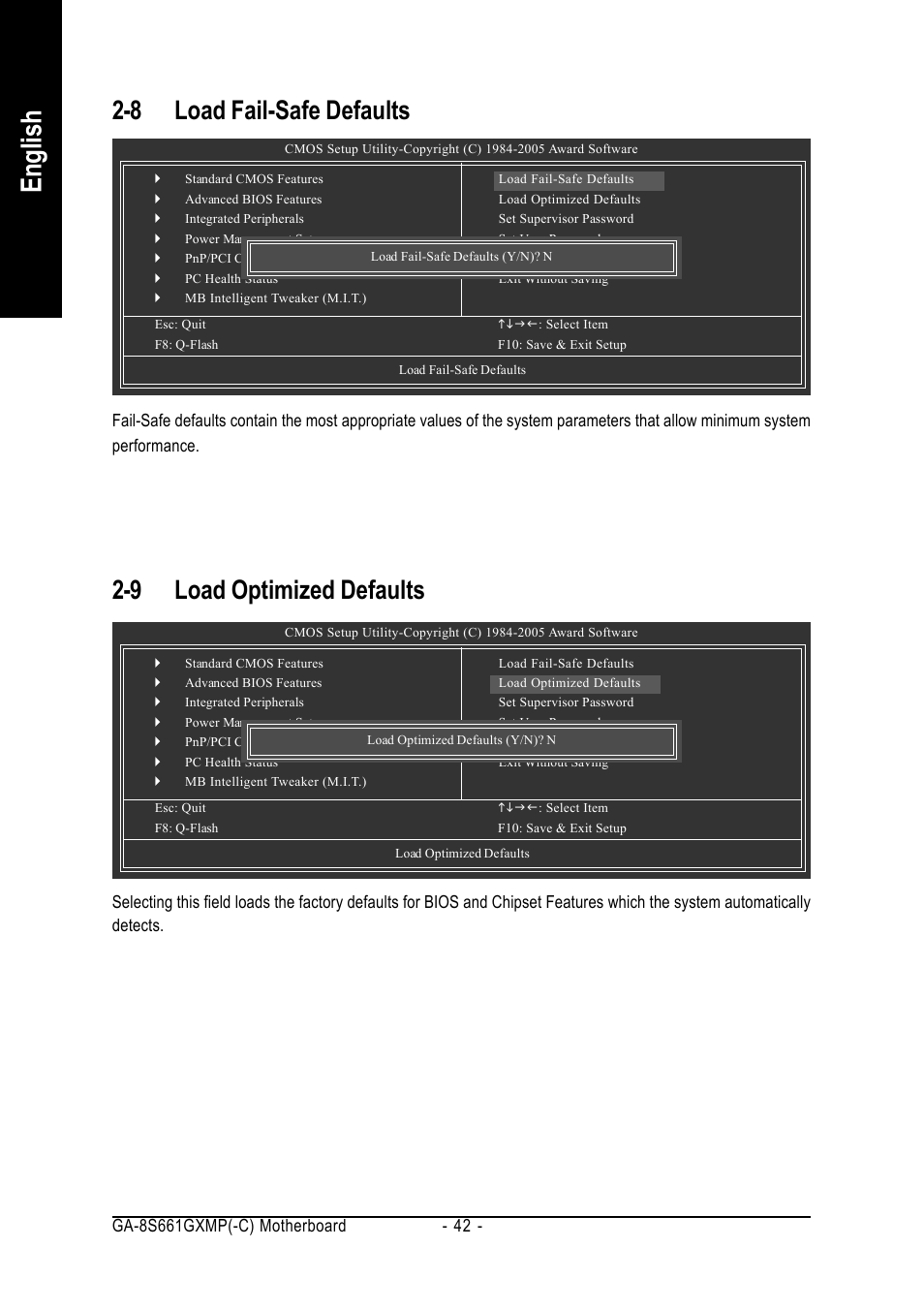 English, 8 load fail-safe defaults, 9 load optimized defaults | GIGABYTE GA-8S661GXMP User Manual | Page 42 / 72