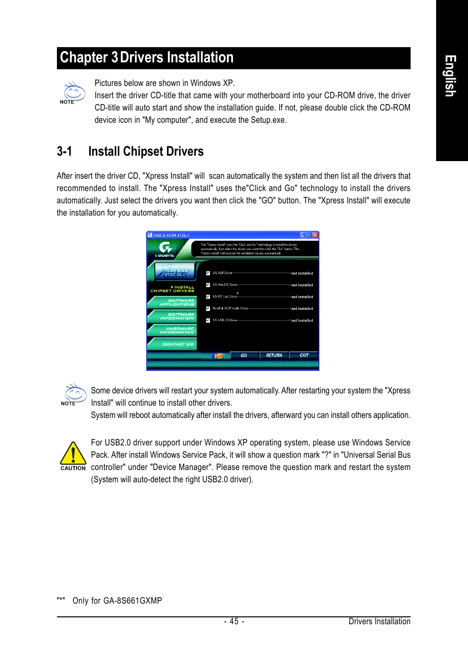 Chapter 3drivers installation, English, 1 install chipset drivers | GIGABYTE GA-8S661GXMP User Manual | Page 45 / 72