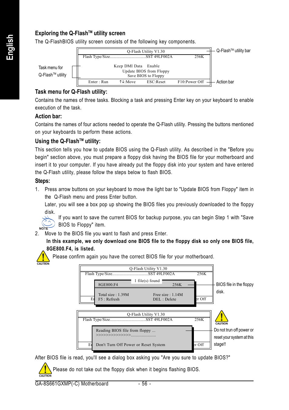 English, Exploring the q-flash, Utility screen | Task menu for q-flash utility, Action bar, Using the q-flash, Utility, Steps | GIGABYTE GA-8S661GXMP User Manual | Page 56 / 72