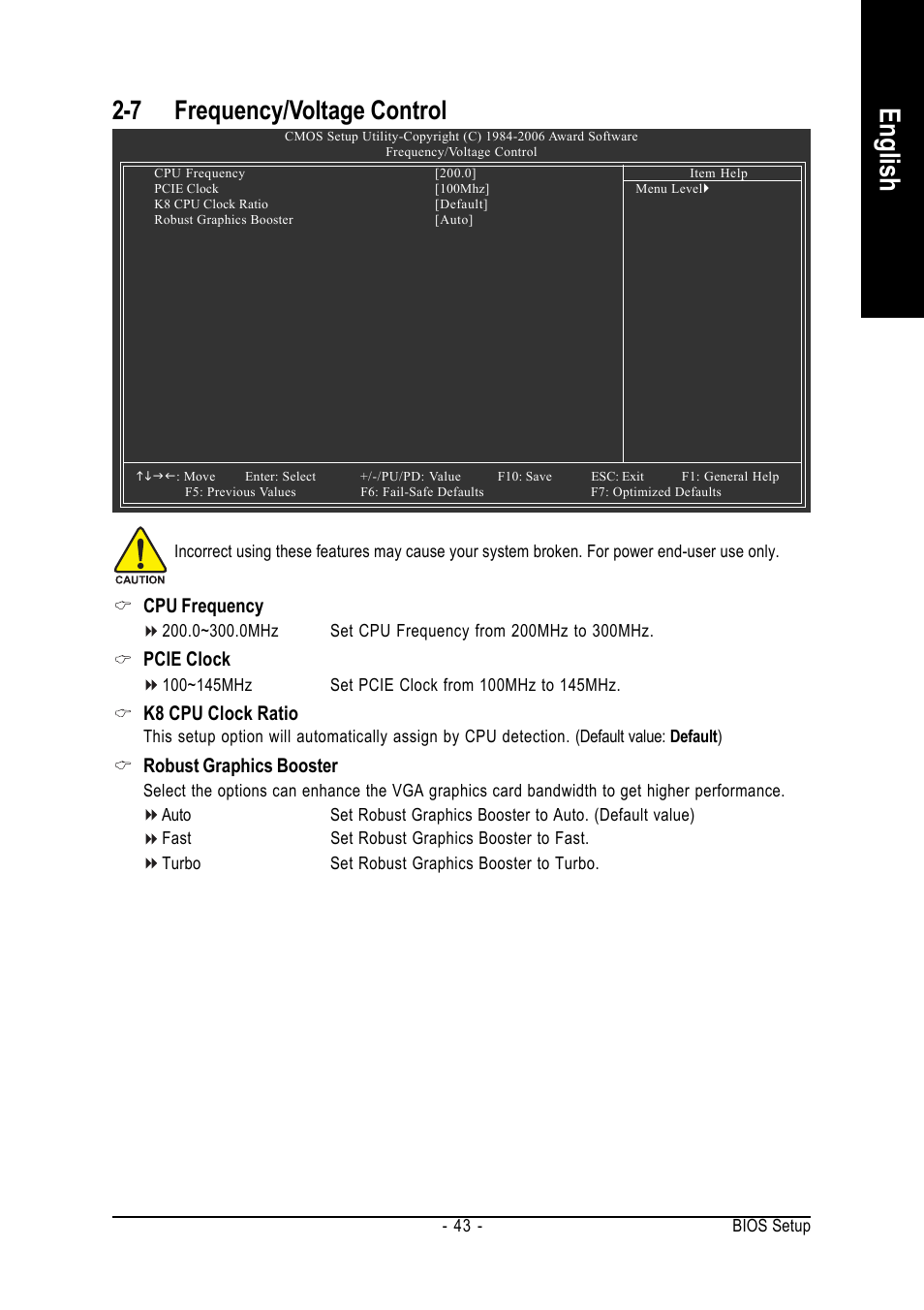 English, 7 frequency/voltage control, Cpu frequency | Pcie clock, K8 cpu clock ratio, Robust graphics booster | GIGABYTE GA-K8N51GMF-9-RH User Manual | Page 43 / 88