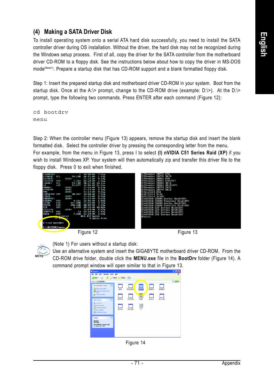 English, 4) making a sata driver disk | GIGABYTE GA-K8N51GMF-9-RH User Manual | Page 71 / 88