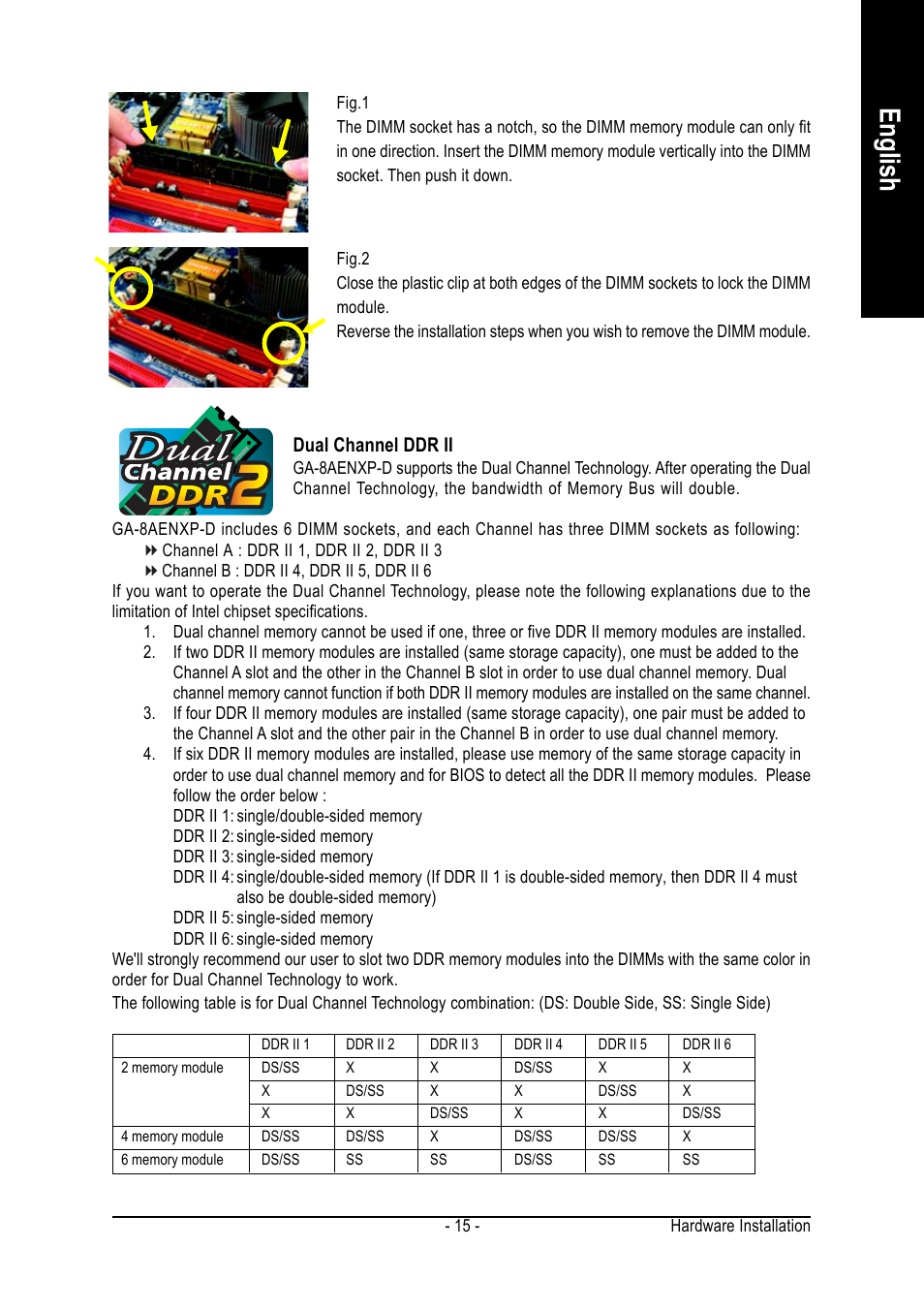 English, Dual channel ddr ii | GIGABYTE GA-8AENXP-D User Manual | Page 15 / 88