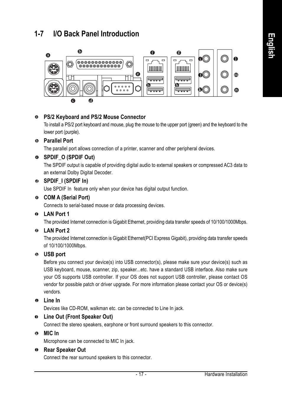 English, 7 i/o back panel introduction | GIGABYTE GA-8AENXP-D User Manual | Page 17 / 88