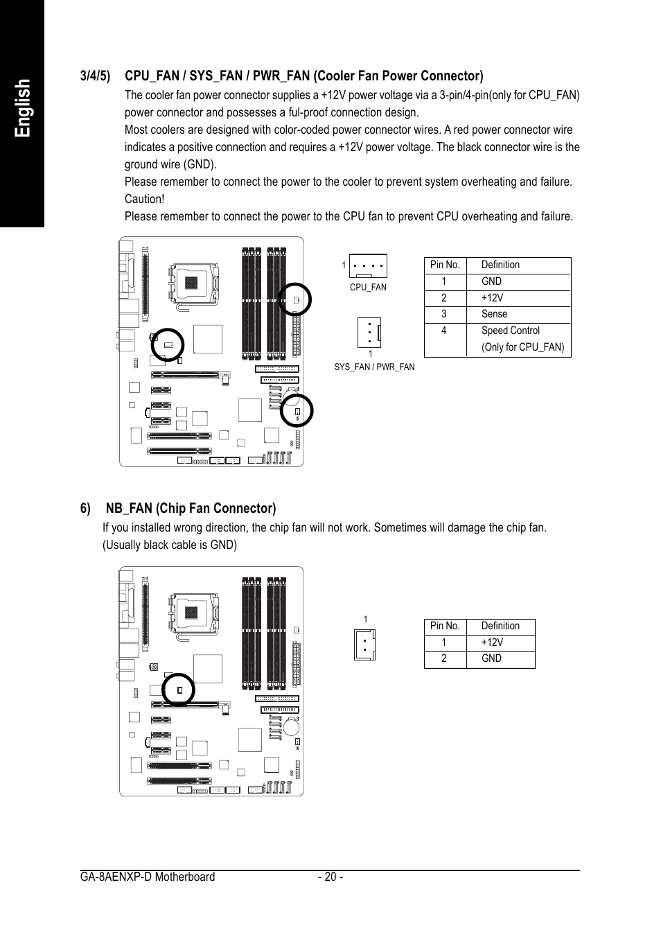 English, 6) nb_fan (chip fan connector) | GIGABYTE GA-8AENXP-D User Manual | Page 20 / 88