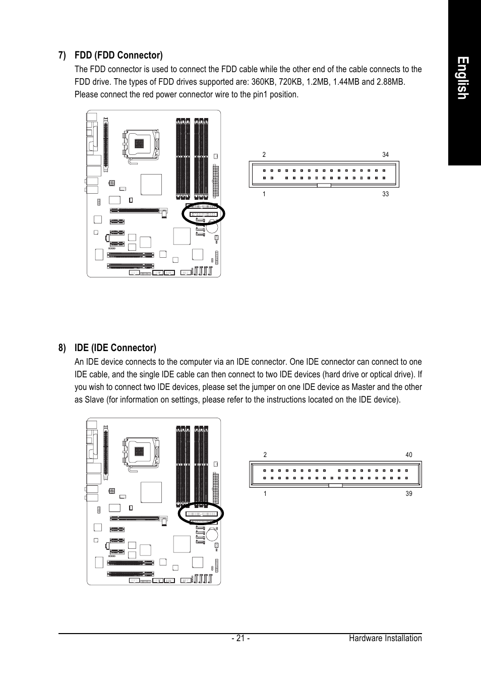 English, 7) fdd (fdd connector), 8) ide (ide connector) | GIGABYTE GA-8AENXP-D User Manual | Page 21 / 88