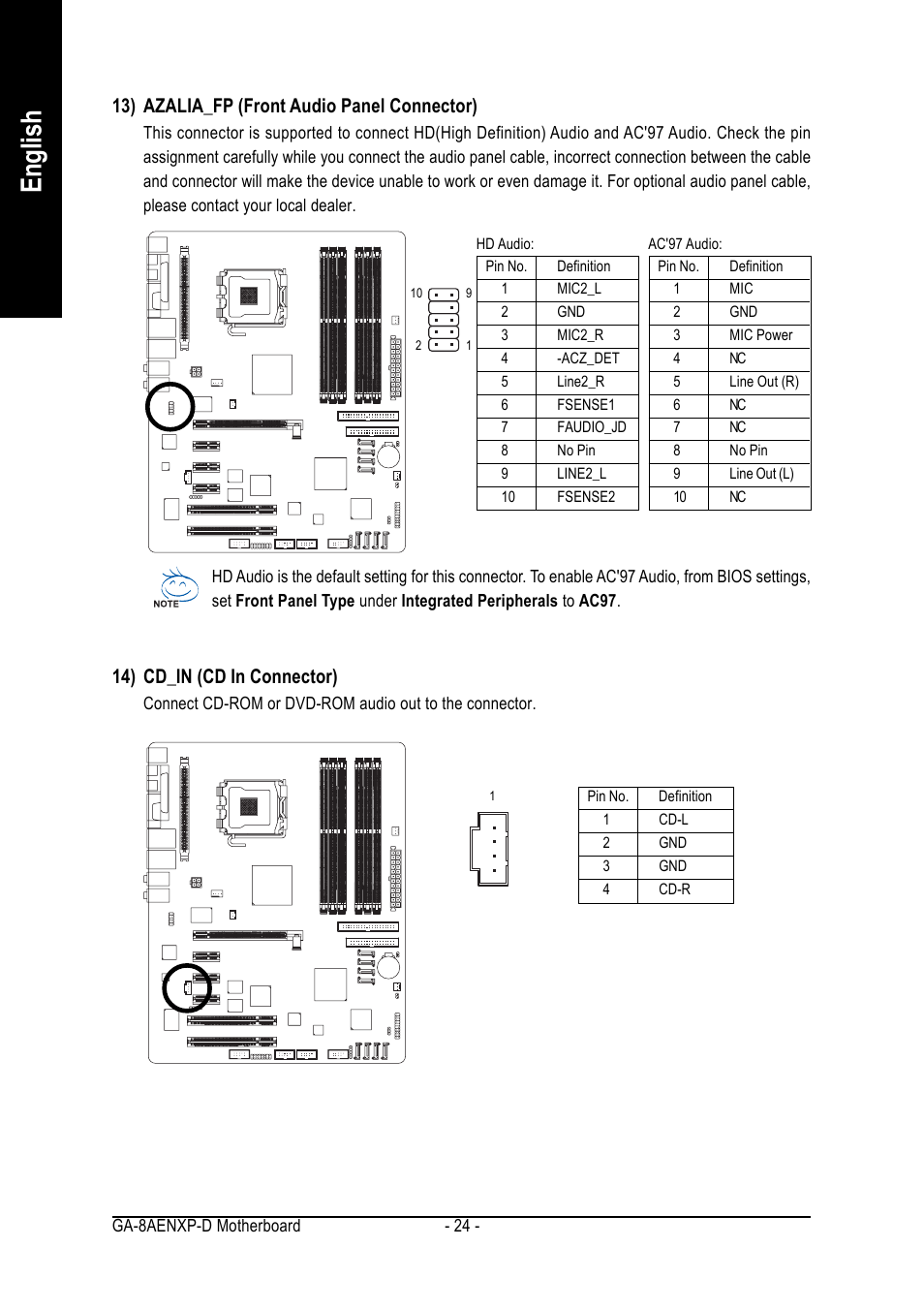 English, 14) cd_in (cd in connector), 13) azalia_fp (front audio panel connector) | GIGABYTE GA-8AENXP-D User Manual | Page 24 / 88