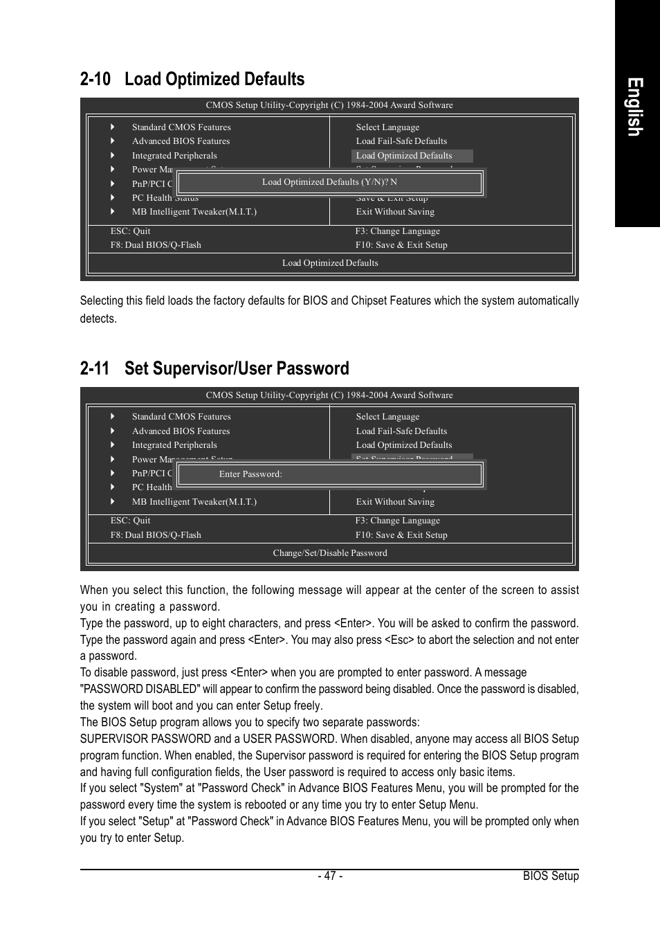 English, 11 set supervisor/user password, 10 load optimized defaults | Bios setup - 47 | GIGABYTE GA-8AENXP-D User Manual | Page 47 / 88