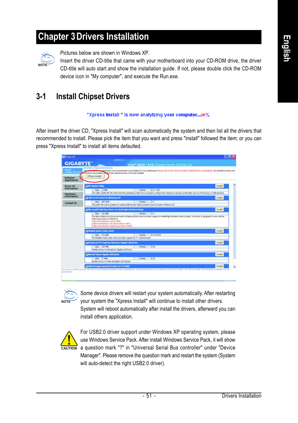 Chapter 3drivers installation, English, 1 install chipset drivers | GIGABYTE GA-8AENXP-D User Manual | Page 51 / 88