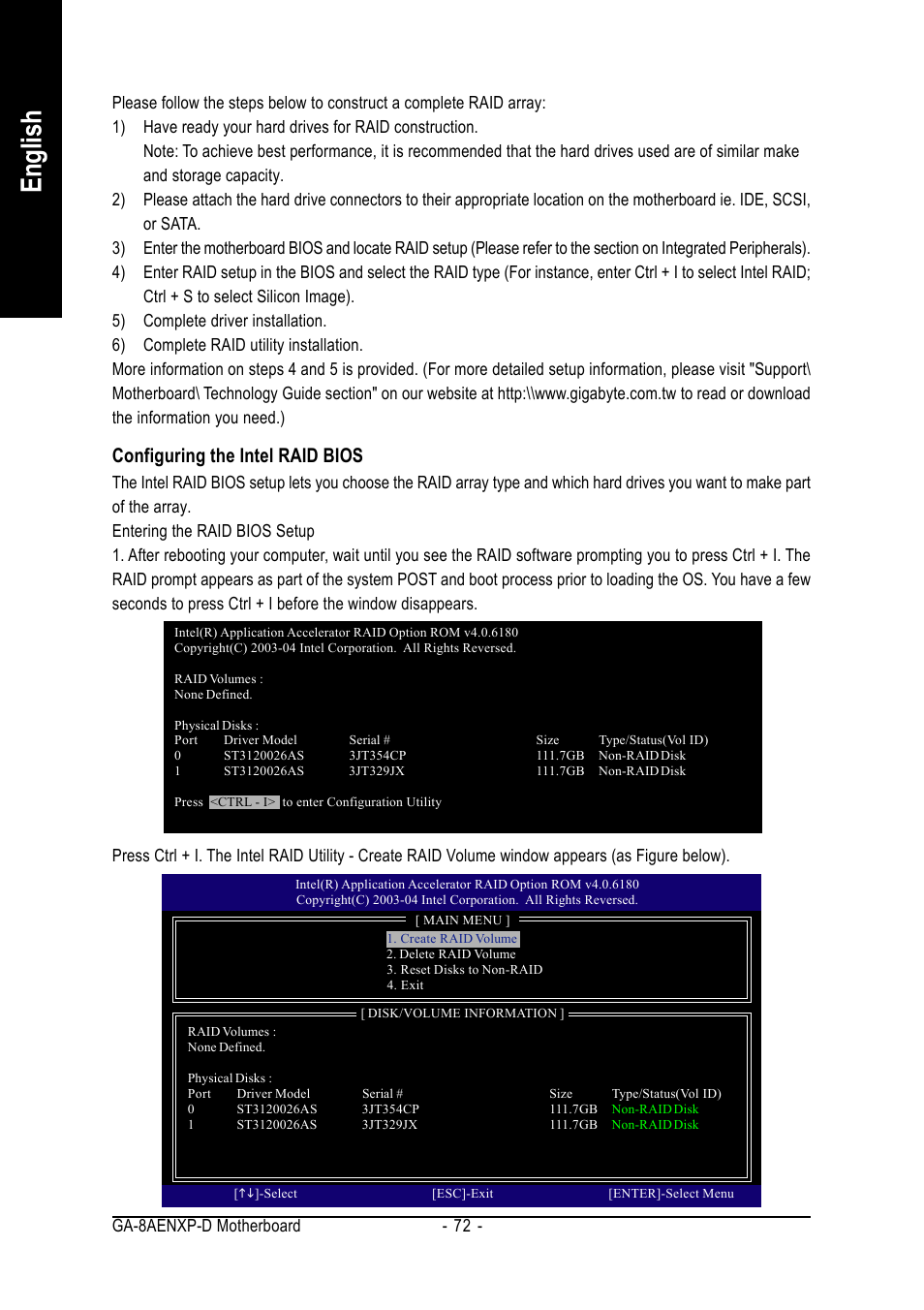 English, Configuring the intel raid bios, Ga-8aenxp-d motherboard - 72 | GIGABYTE GA-8AENXP-D User Manual | Page 72 / 88