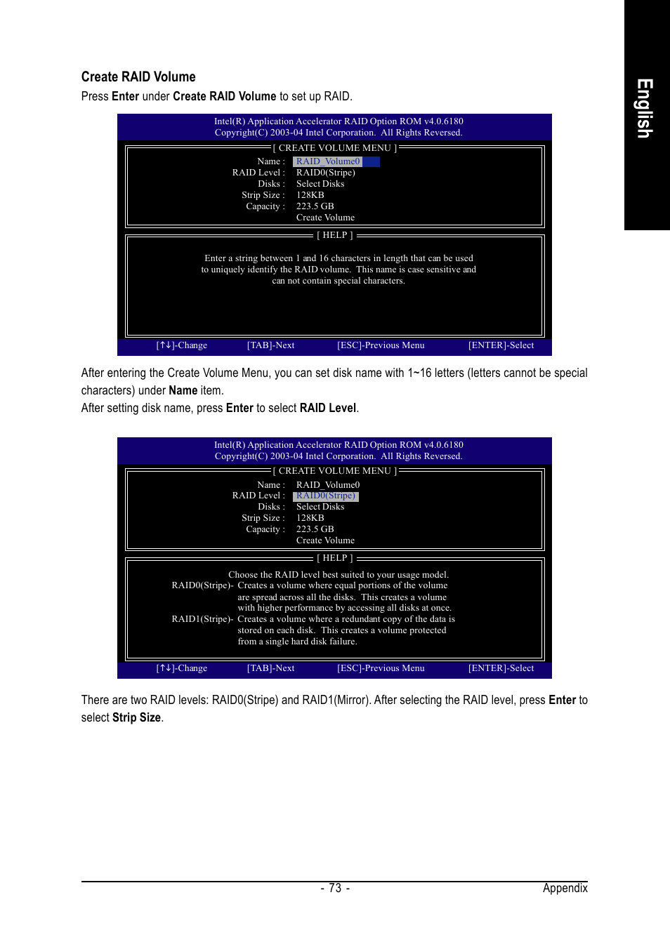 English, Create raid volume, Appendix - 73 | GIGABYTE GA-8AENXP-D User Manual | Page 73 / 88