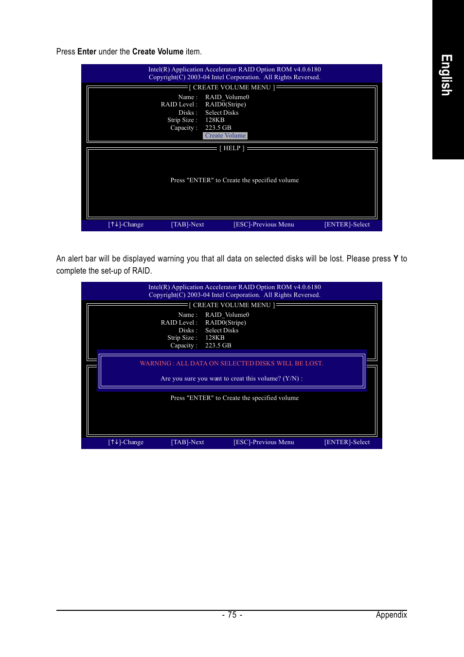 English, Appendix - 75, Press enter under the create volume item | GIGABYTE GA-8AENXP-D User Manual | Page 75 / 88