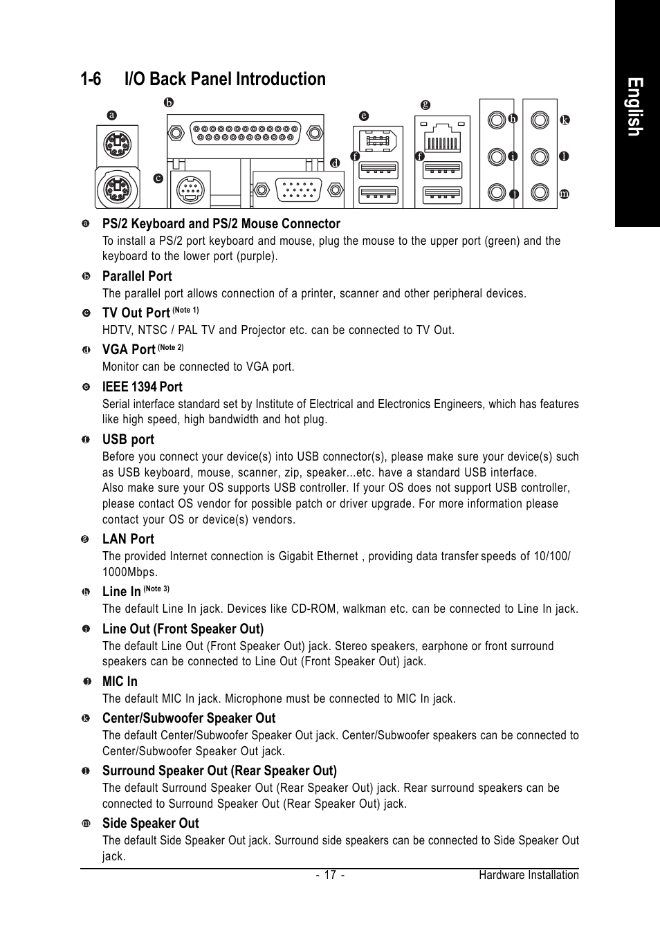 English, 6 i/o back panel introduction | GIGABYTE GA-K8N51PVMT-9-RH User Manual | Page 17 / 88