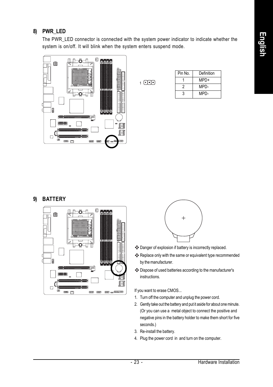 English, 8) pwr_led, 9) battery | GIGABYTE GA-K8N51PVMT-9-RH User Manual | Page 23 / 88