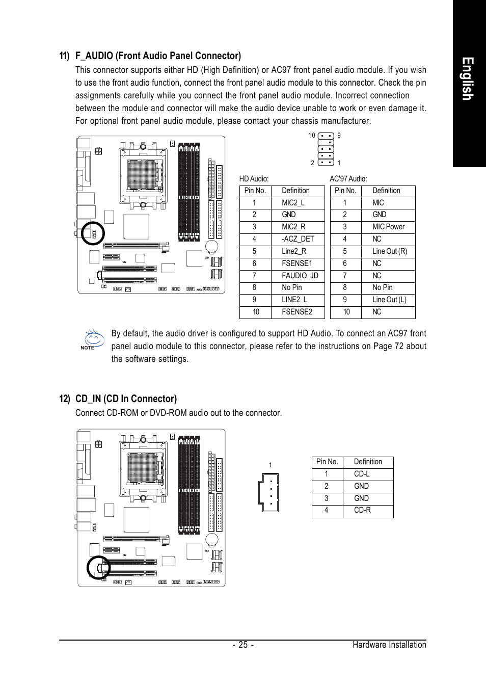 English, 12) cd_in (cd in connector), 11) f_audio (front audio panel connector) | GIGABYTE GA-K8N51PVMT-9-RH User Manual | Page 25 / 88