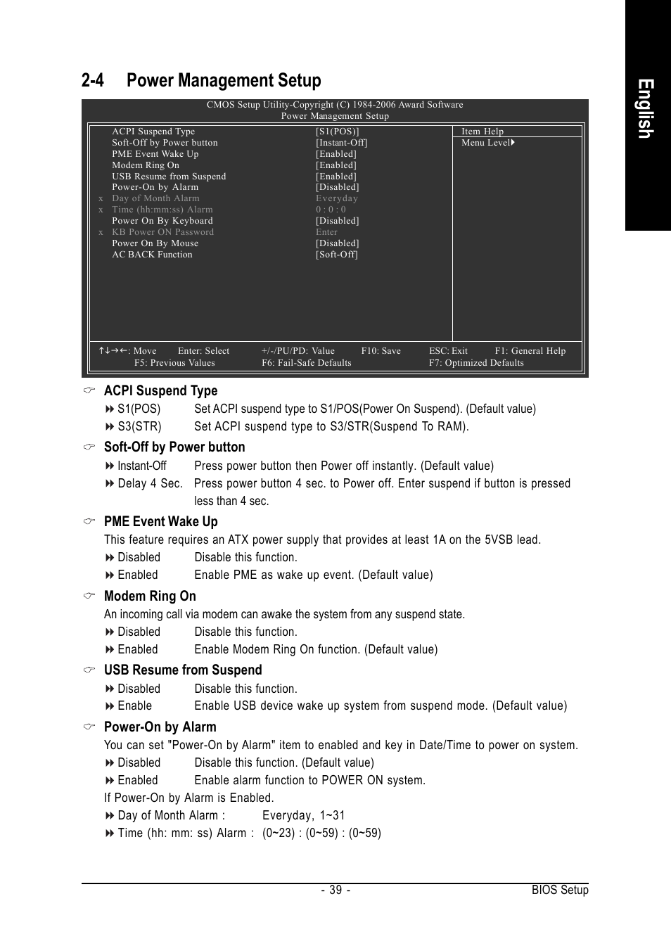 English, 4 power management setup, Acpi suspend type | Soft-off by power button, Pme event wake up, Modem ring on, Usb resume from suspend, Power-on by alarm | GIGABYTE GA-K8N51PVMT-9-RH User Manual | Page 39 / 88