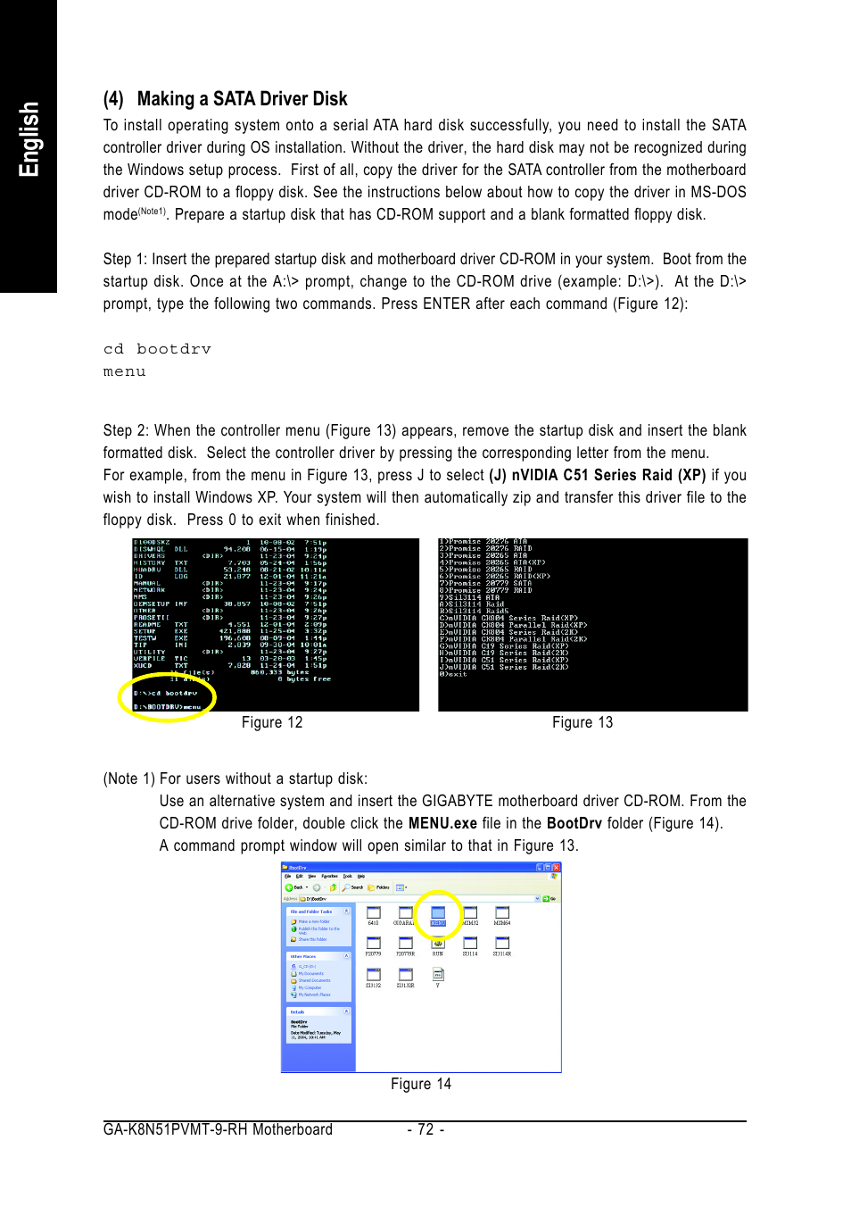 English, 4) making a sata driver disk | GIGABYTE GA-K8N51PVMT-9-RH User Manual | Page 72 / 88