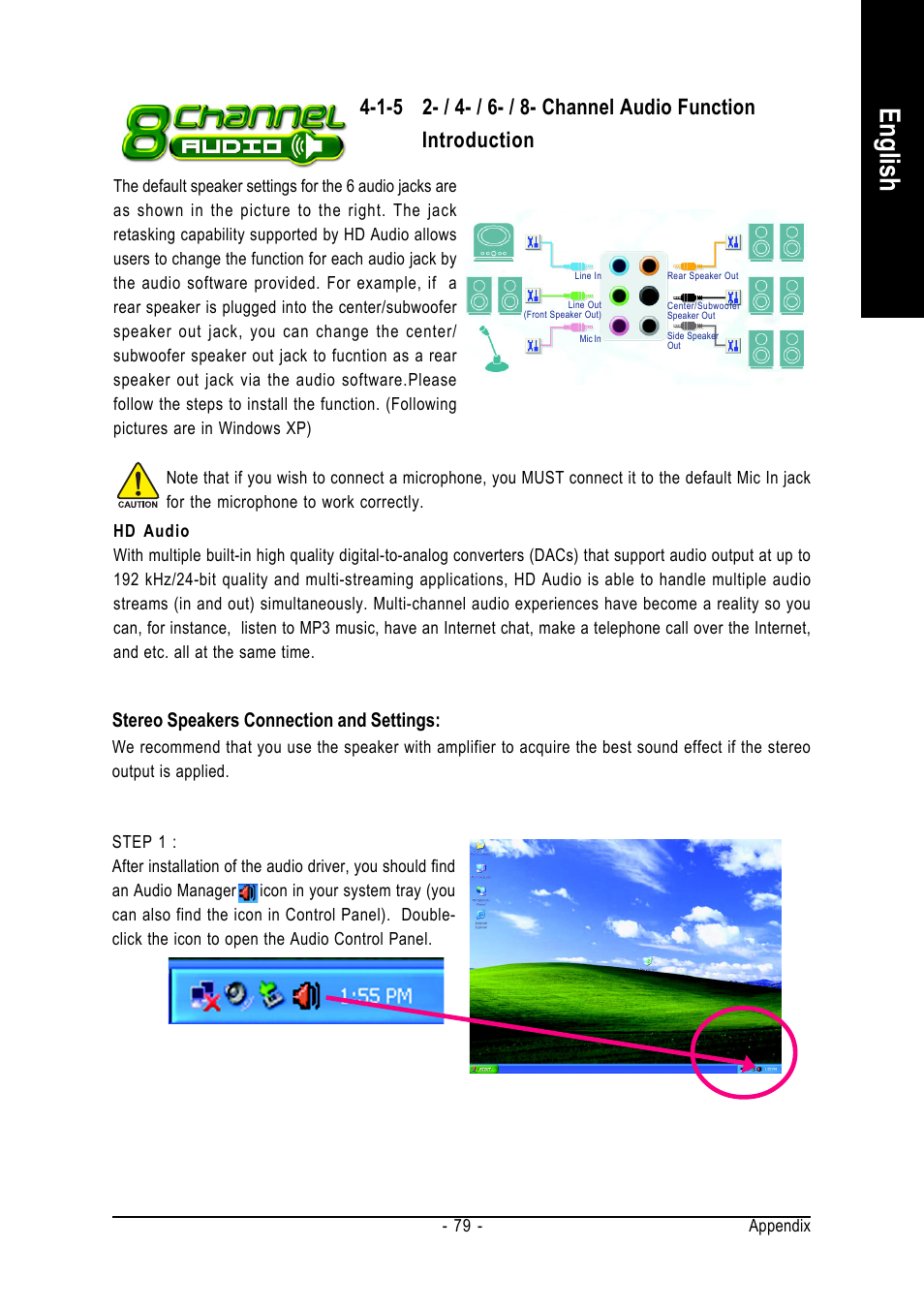 English, Stereo speakers connection and settings | GIGABYTE GA-K8N51PVMT-9-RH User Manual | Page 79 / 88