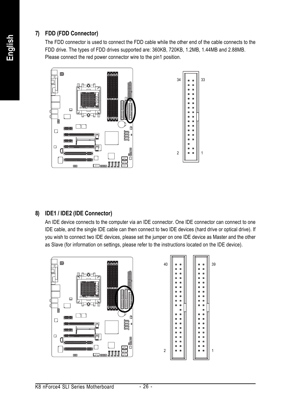 English, 8) ide1 / ide2 (ide connector), 7) fdd (fdd connector) | GIGABYTE GA-K8N-SLI User Manual | Page 26 / 88