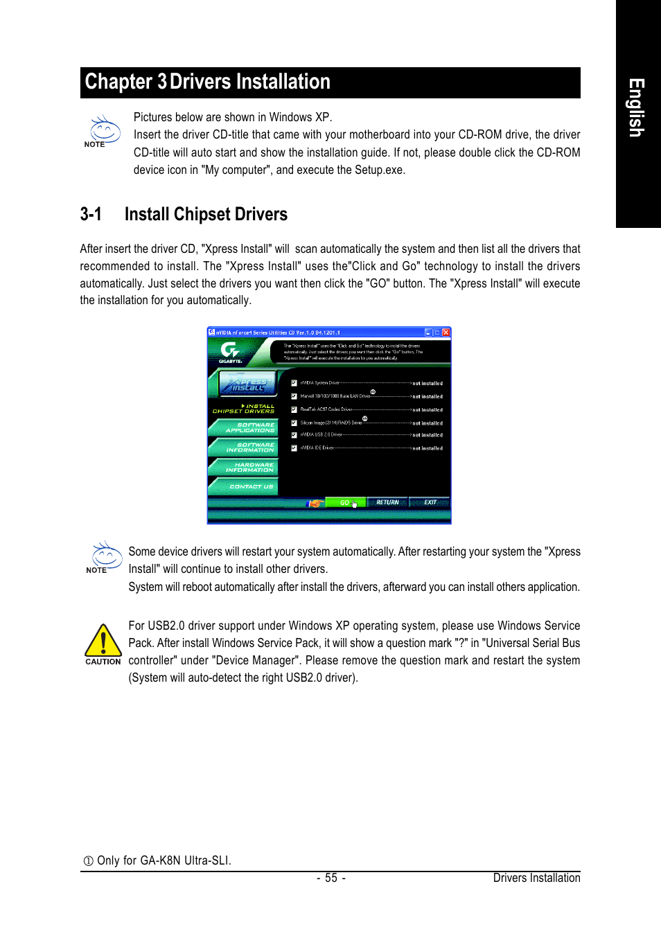 Chapter 3drivers installation, English, 1 install chipset drivers | GIGABYTE GA-K8N-SLI User Manual | Page 55 / 88