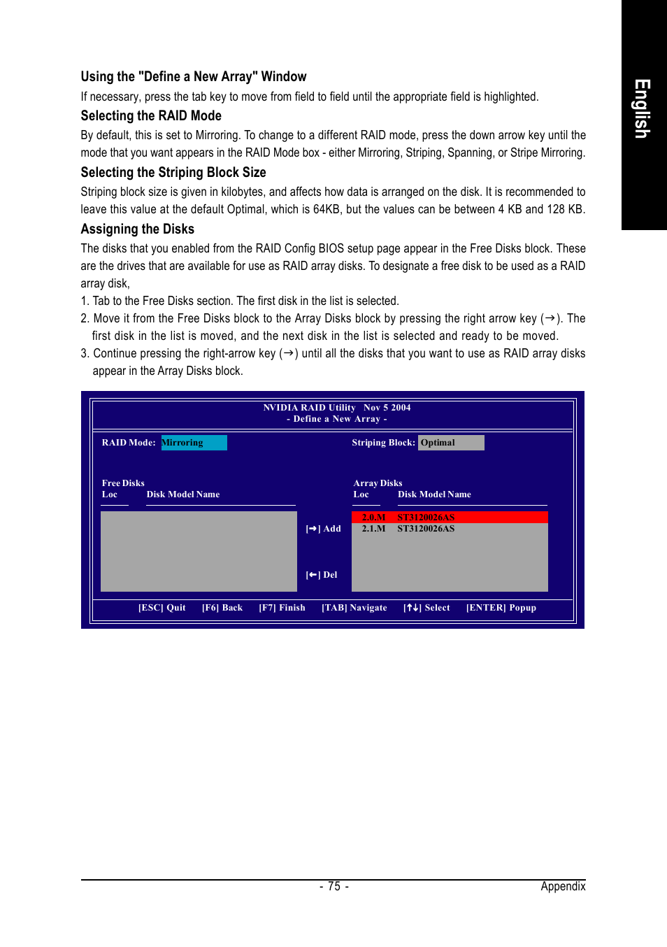 English, Using the "define a new array" window, Selecting the raid mode | Selecting the striping block size, Assigning the disks | GIGABYTE GA-K8N-SLI User Manual | Page 75 / 88