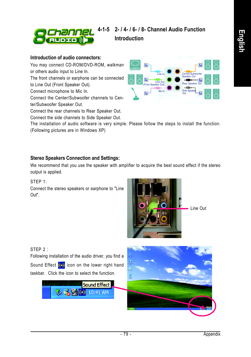 English, Stereo speakers connection and settings, Introduction of audio connectors | GIGABYTE GA-K8N-SLI User Manual | Page 79 / 88