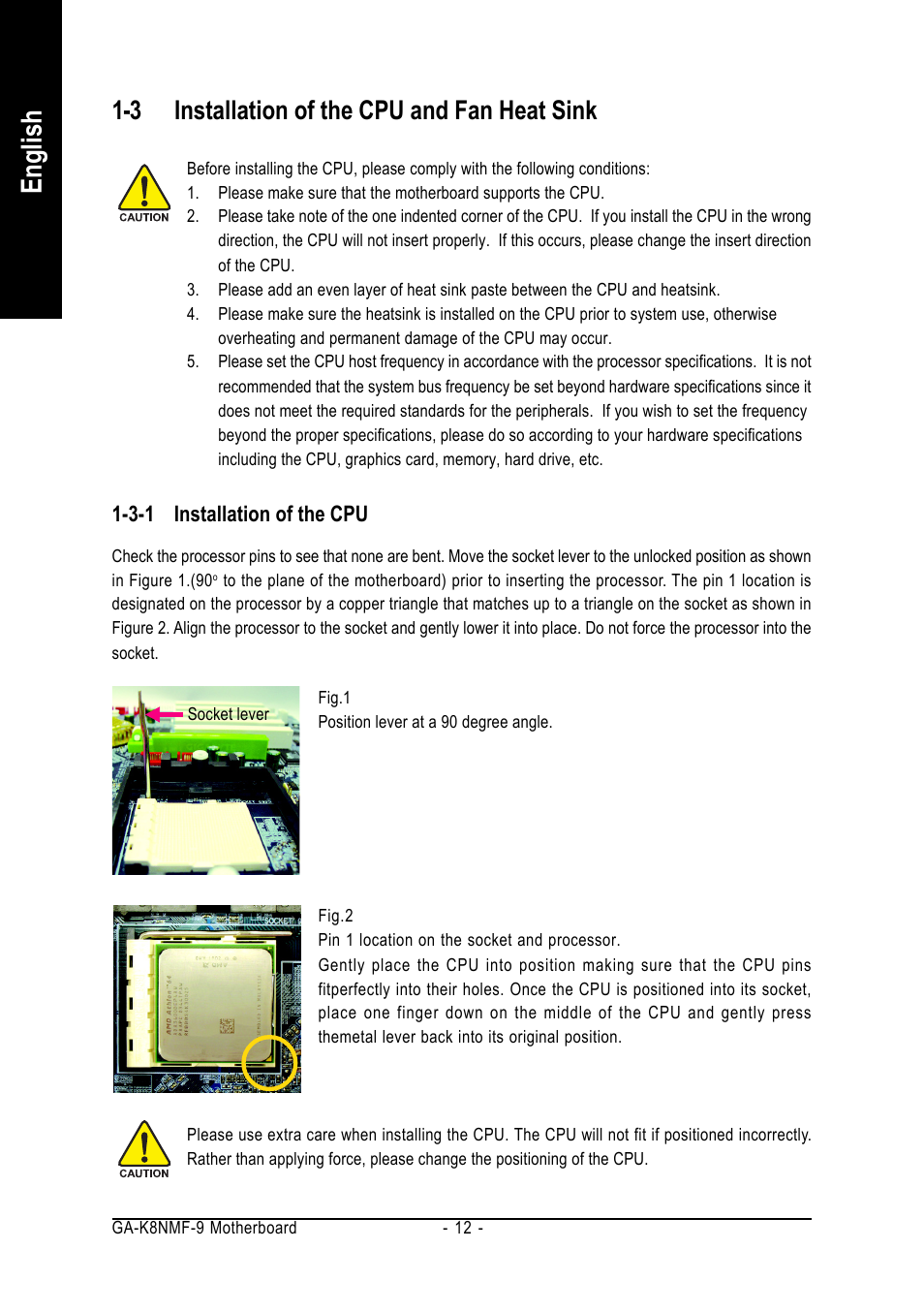 English, 3 installation of the cpu and fan heat sink | GIGABYTE AMD Socket 939 Processor Motherboard GA-K8NMF-9 User Manual | Page 12 / 80