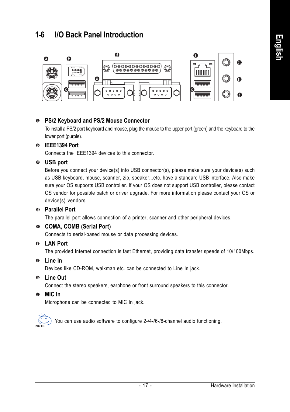 English, 6 i/o back panel introduction | GIGABYTE AMD Socket 939 Processor Motherboard GA-K8NMF-9 User Manual | Page 17 / 80