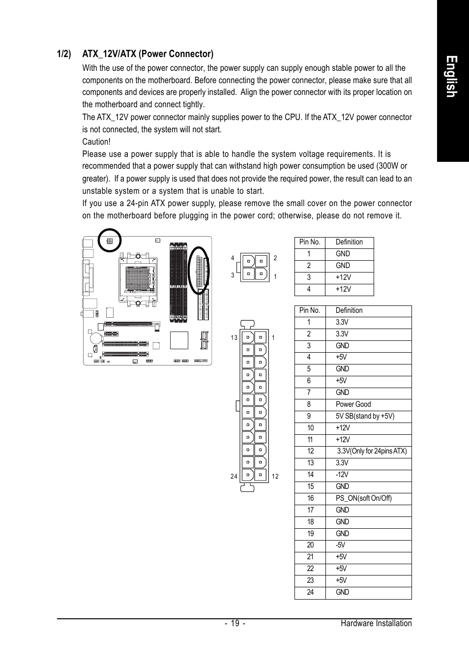 English, 1/2) atx_12v/atx (power connector) | GIGABYTE AMD Socket 939 Processor Motherboard GA-K8NMF-9 User Manual | Page 19 / 80