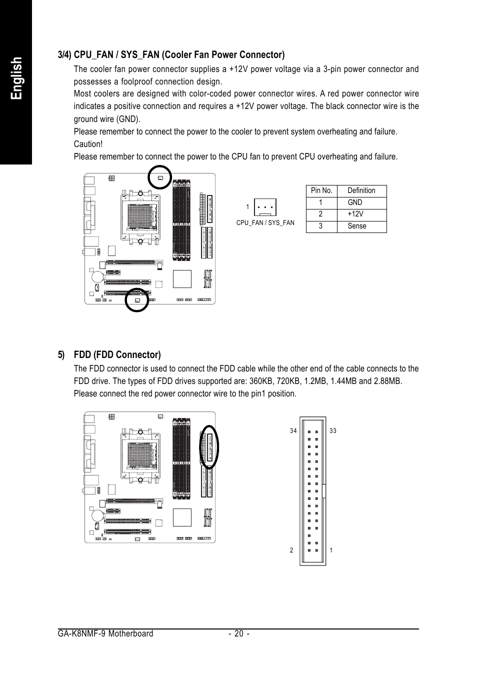 English, 5) fdd (fdd connector) | GIGABYTE AMD Socket 939 Processor Motherboard GA-K8NMF-9 User Manual | Page 20 / 80