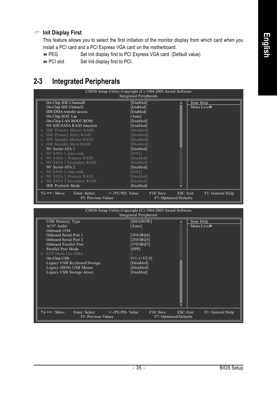 English, 3 integrated peripherals, Init display first | Bios setup - 35 | GIGABYTE AMD Socket 939 Processor Motherboard GA-K8NMF-9 User Manual | Page 35 / 80