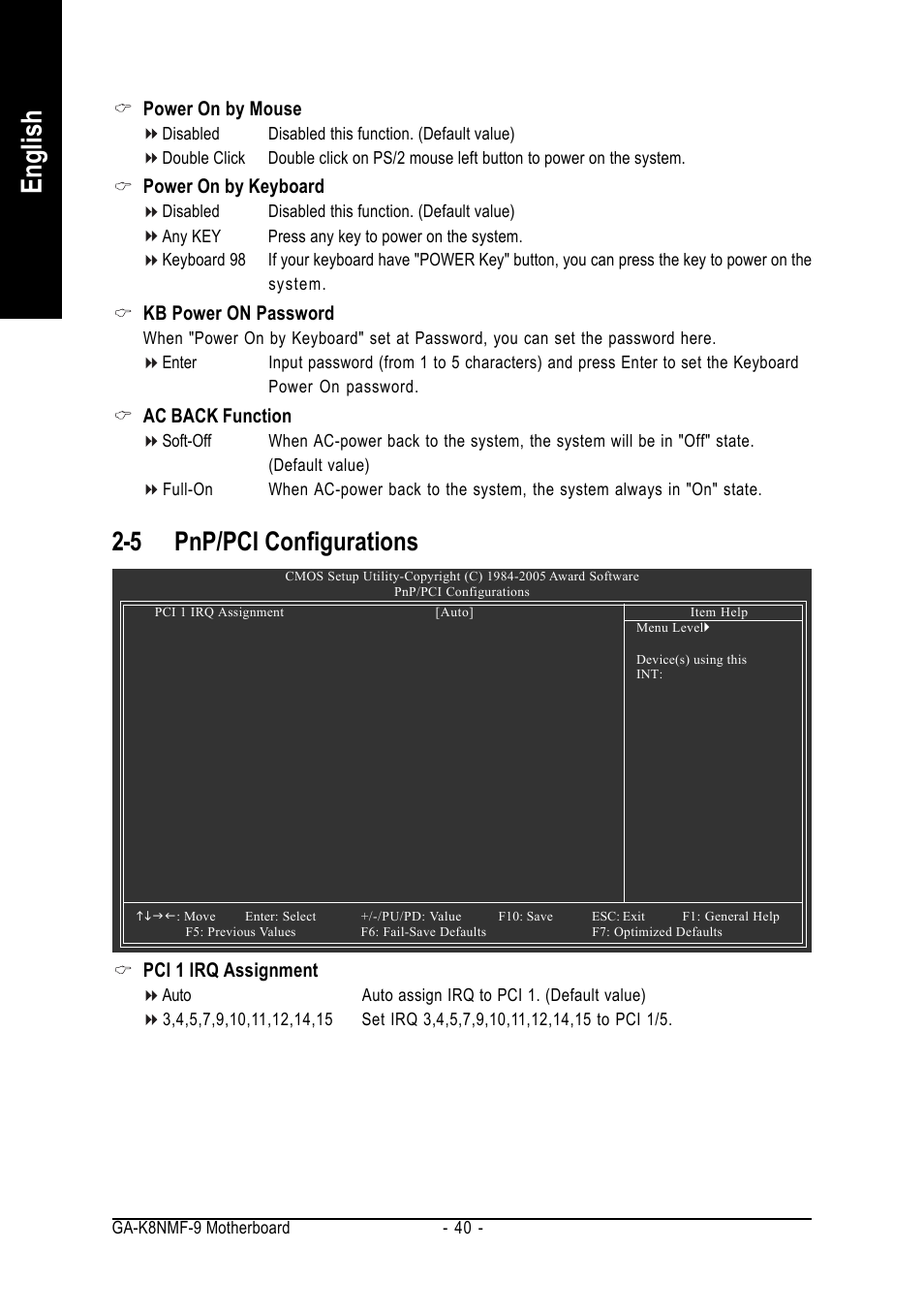 English, 5 pnp/pci configurations | GIGABYTE AMD Socket 939 Processor Motherboard GA-K8NMF-9 User Manual | Page 40 / 80