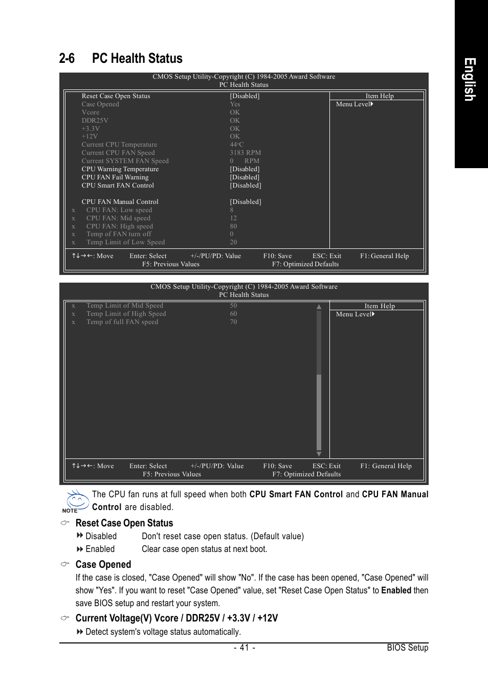 English, 6 pc health status, Reset case open status | Case opened, Bios setup - 41, Detect system's voltage status automatically | GIGABYTE AMD Socket 939 Processor Motherboard GA-K8NMF-9 User Manual | Page 41 / 80