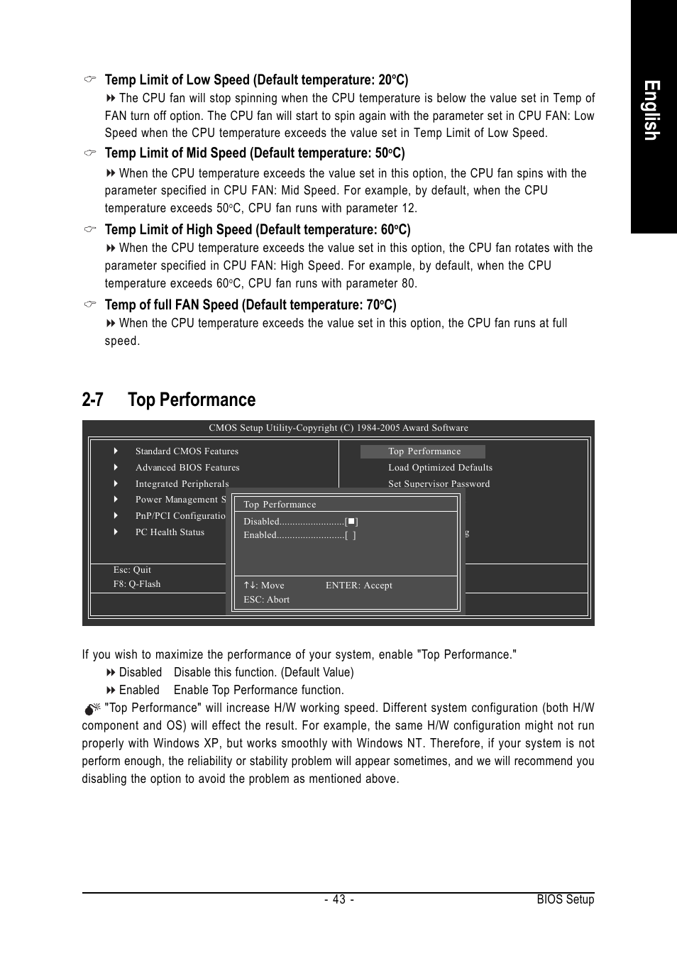 English, 7 top performance, Temp limit of low speed (default temperature: 20 | Temp limit of mid speed (default temperature: 50, Temp limit of high speed (default temperature: 60, Temp of full fan speed (default temperature: 70 | GIGABYTE AMD Socket 939 Processor Motherboard GA-K8NMF-9 User Manual | Page 43 / 80