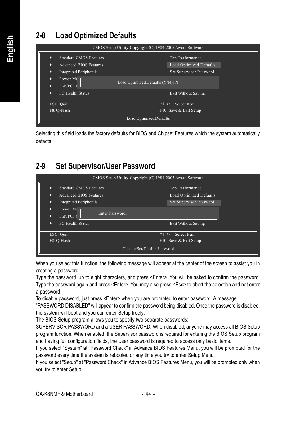 English, 8 load optimized defaults, 9 set supervisor/user password | GIGABYTE AMD Socket 939 Processor Motherboard GA-K8NMF-9 User Manual | Page 44 / 80