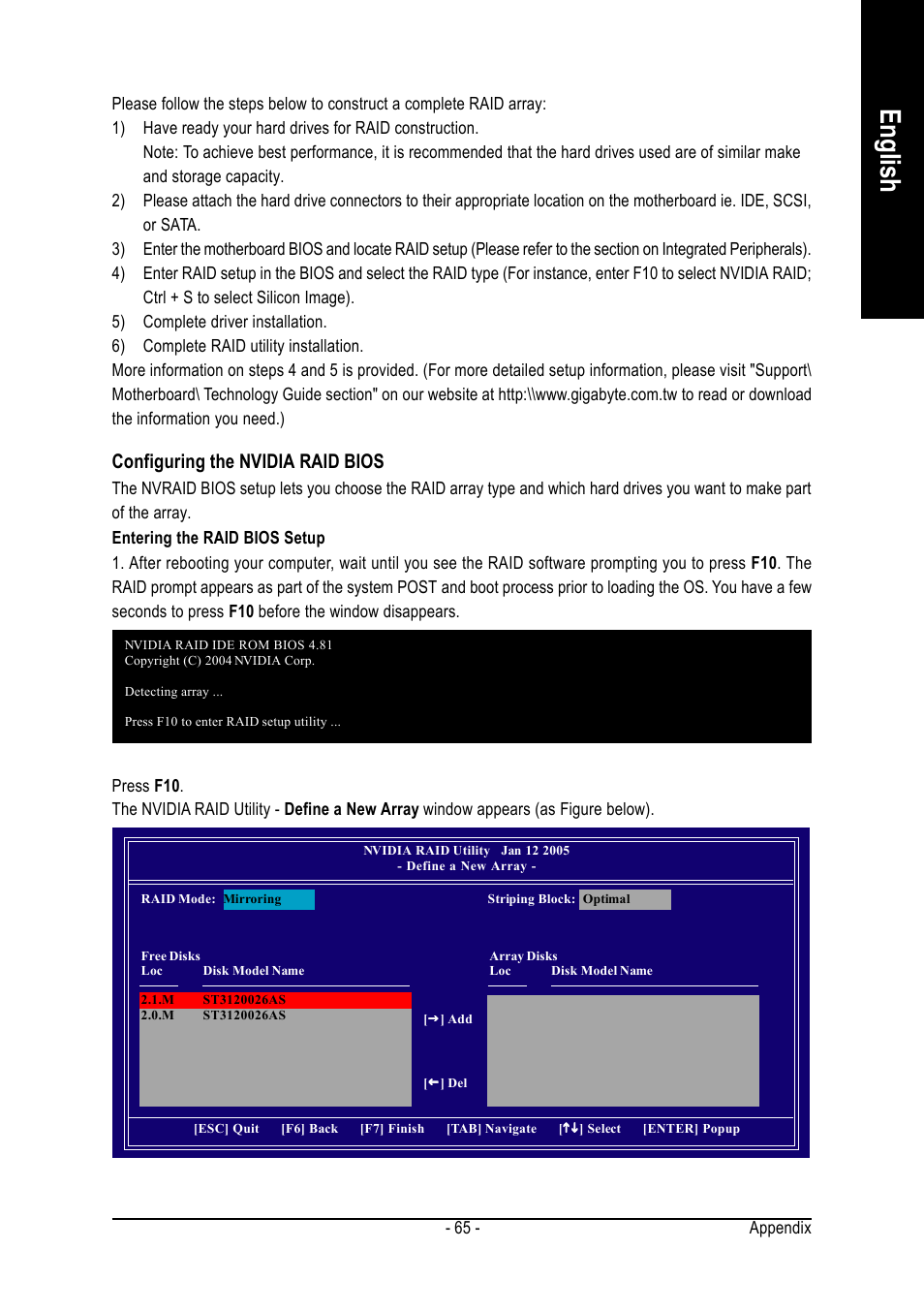 English, Configuring the nvidia raid bios | GIGABYTE AMD Socket 939 Processor Motherboard GA-K8NMF-9 User Manual | Page 65 / 80