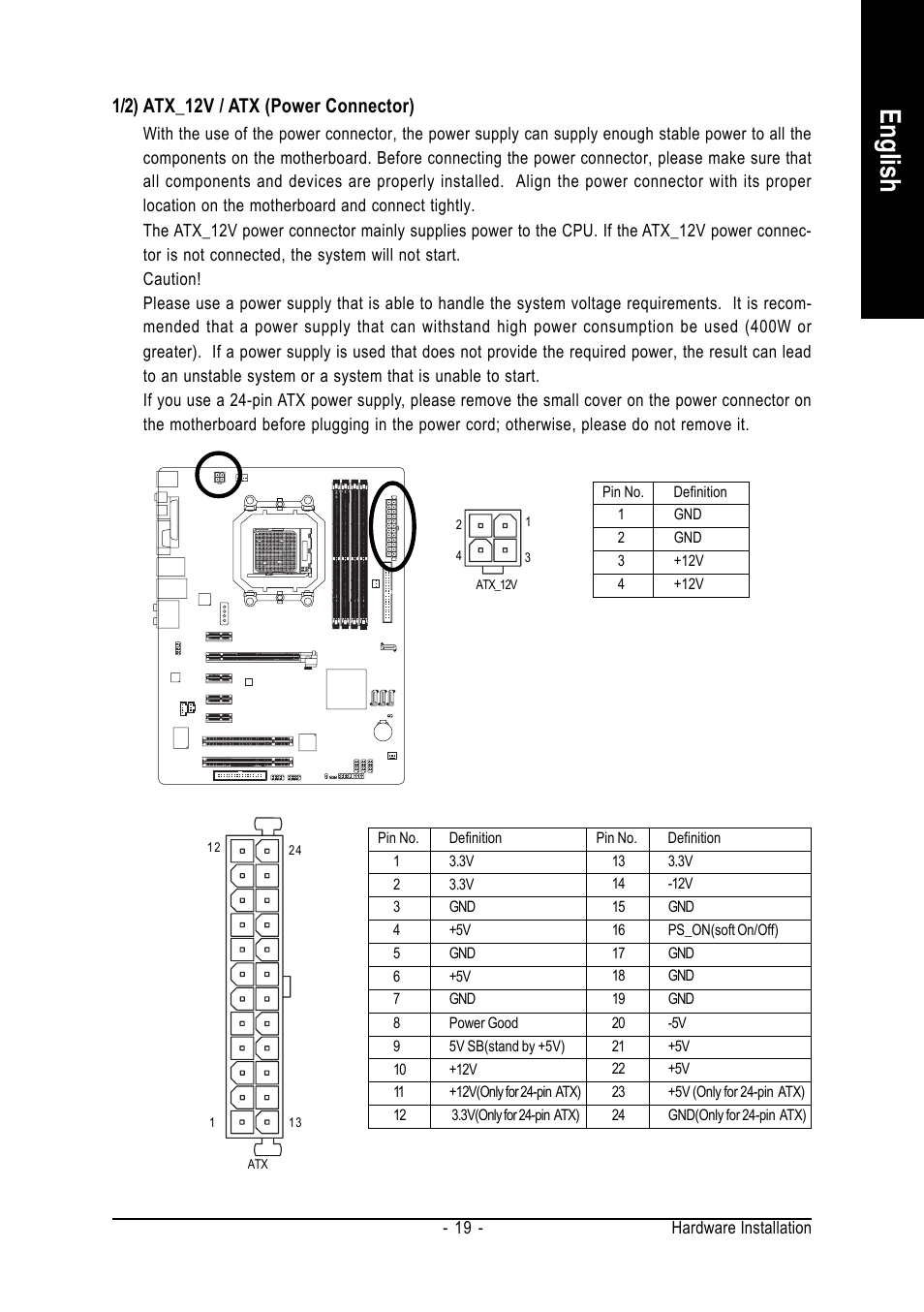 English, 1/2) atx_12v / atx (power connector) | GIGABYTE AMD Socket AM2 Processor Motherboard GA-M55S-S3 User Manual | Page 19 / 88