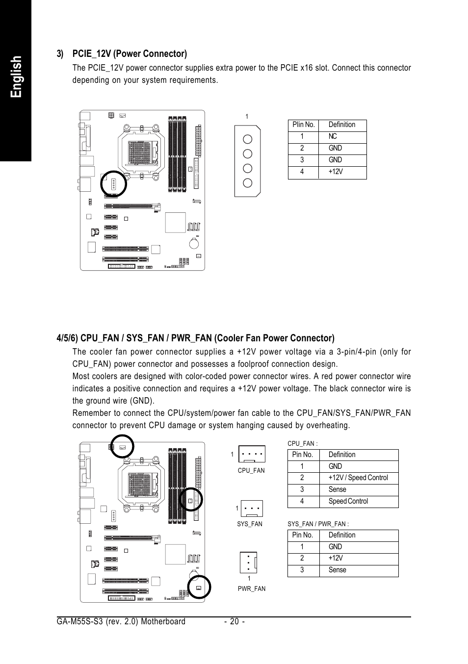 English, 3) pcie_12v (power connector) | GIGABYTE AMD Socket AM2 Processor Motherboard GA-M55S-S3 User Manual | Page 20 / 88