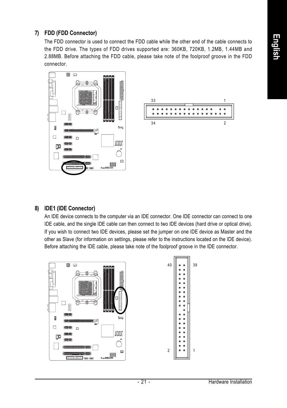 English, 7) fdd (fdd connector), 8) ide1 (ide connector) | GIGABYTE AMD Socket AM2 Processor Motherboard GA-M55S-S3 User Manual | Page 21 / 88