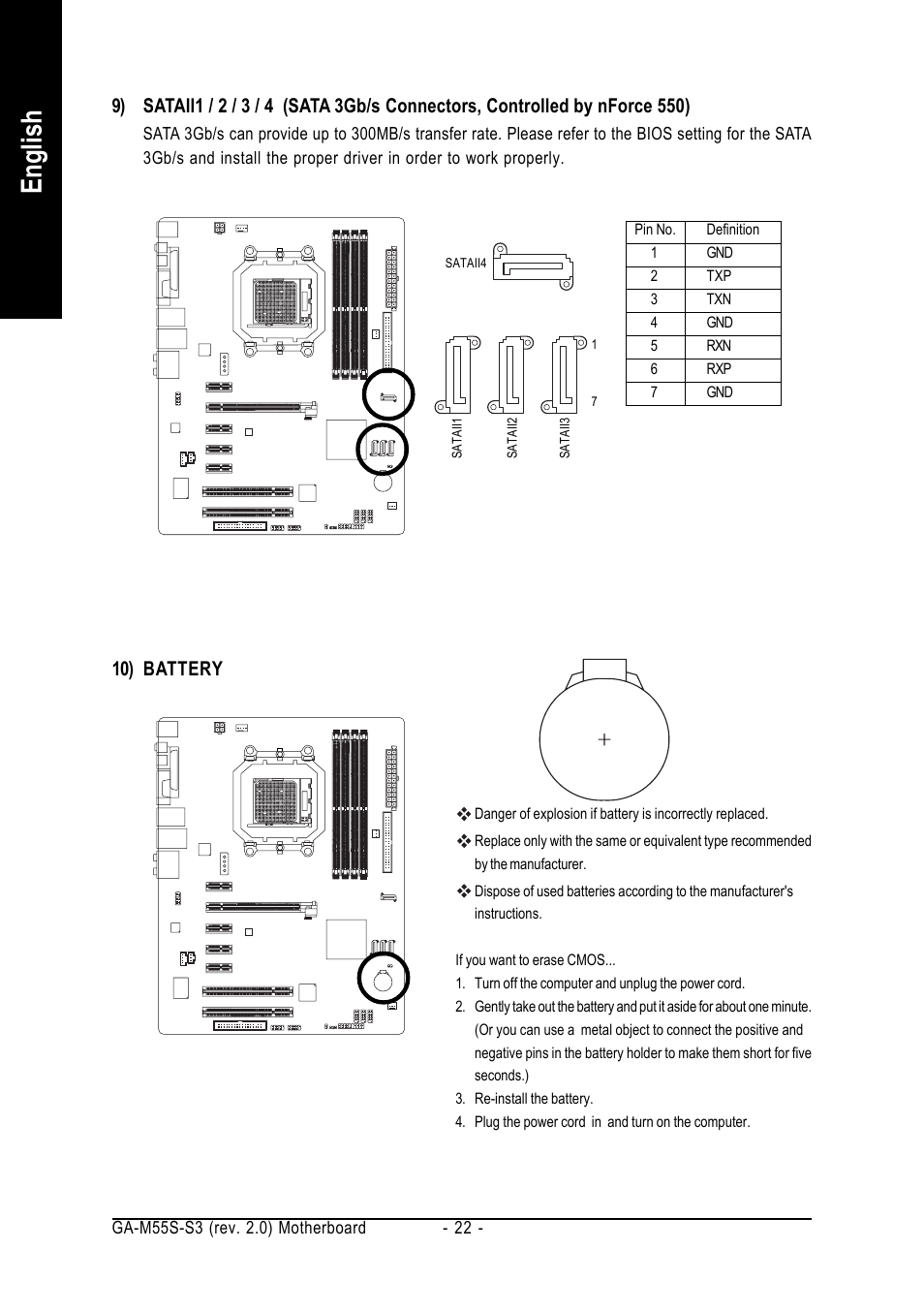 English, 10) battery | GIGABYTE AMD Socket AM2 Processor Motherboard GA-M55S-S3 User Manual | Page 22 / 88