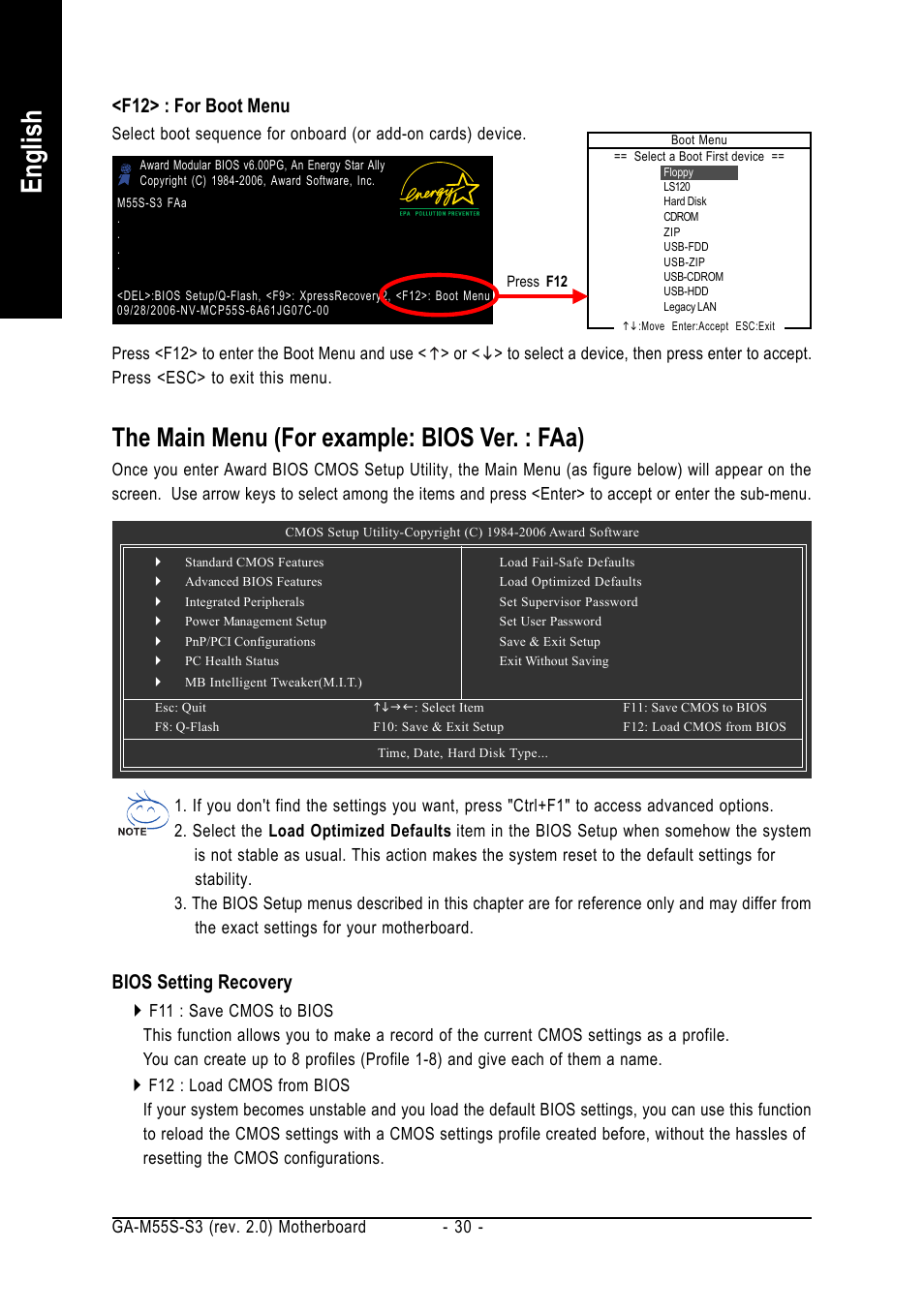English, The main menu (for example: bios ver. : faa), F12> : for boot menu | Bios setting recovery | GIGABYTE AMD Socket AM2 Processor Motherboard GA-M55S-S3 User Manual | Page 30 / 88