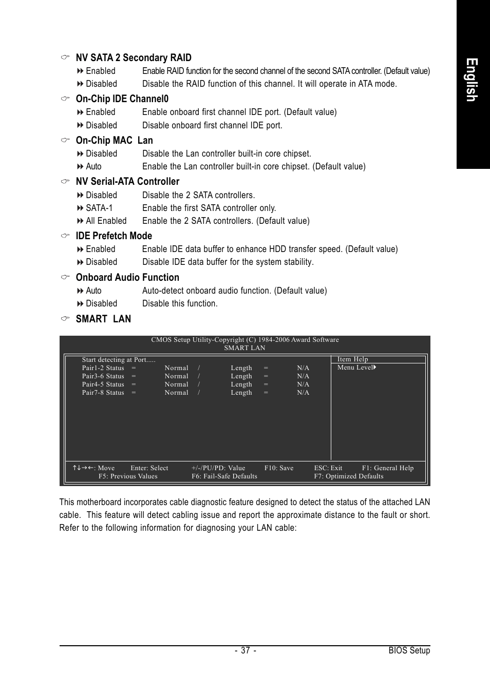English, Nv sata 2 secondary raid, On-chip ide channel0 | On-chip mac lan, Nv serial-ata controller, Ide prefetch mode, Onboard audio function, Smart lan | GIGABYTE AMD Socket AM2 Processor Motherboard GA-M55S-S3 User Manual | Page 37 / 88