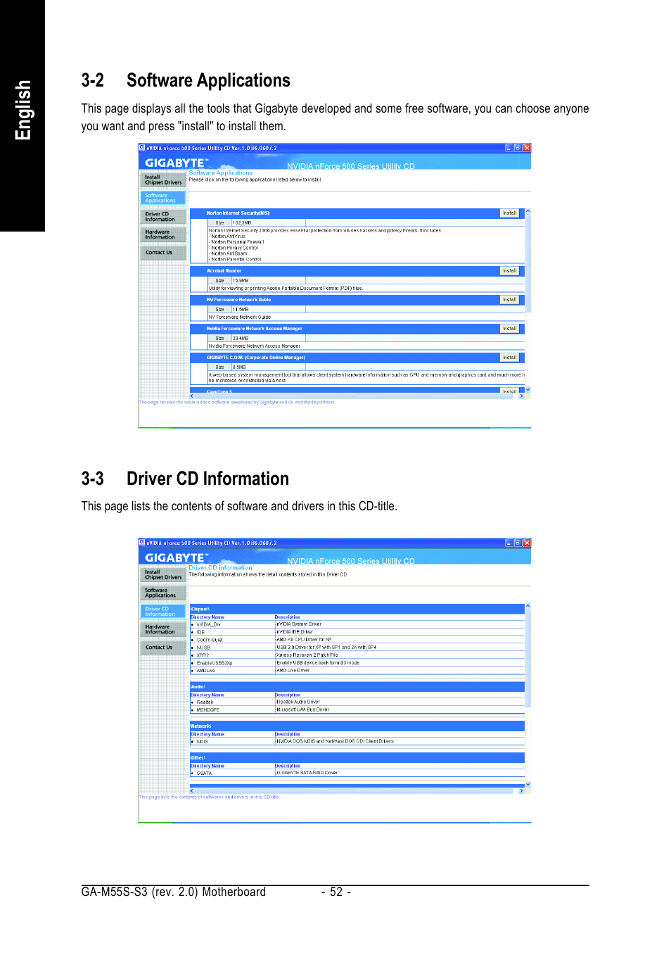 English, 2 software applications, 3 driver cd information | GIGABYTE AMD Socket AM2 Processor Motherboard GA-M55S-S3 User Manual | Page 52 / 88