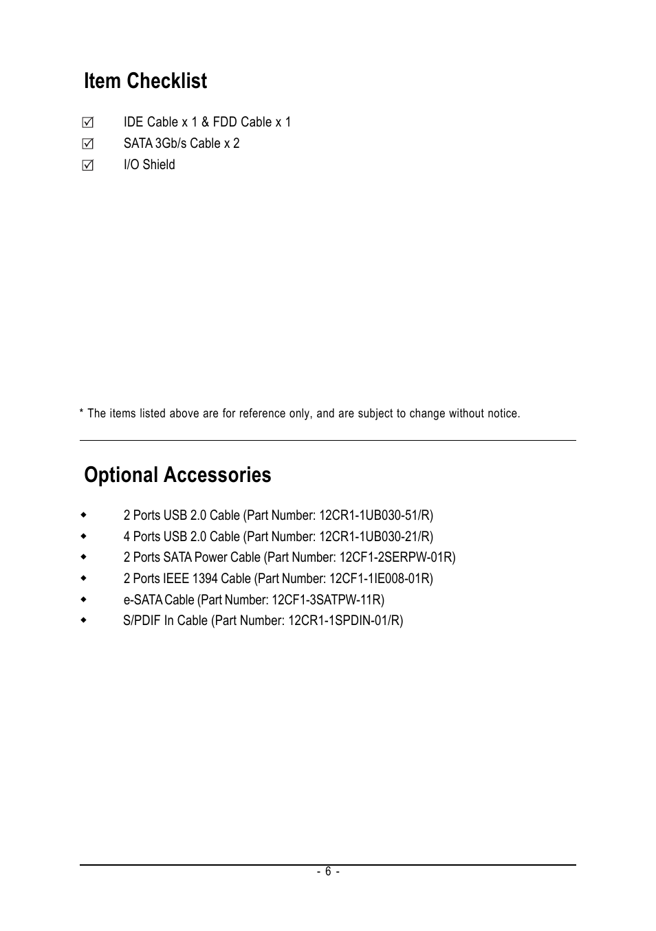 Item checklist, Optional accessories | GIGABYTE AMD Socket AM2 Processor Motherboard GA-M55S-S3 User Manual | Page 6 / 88