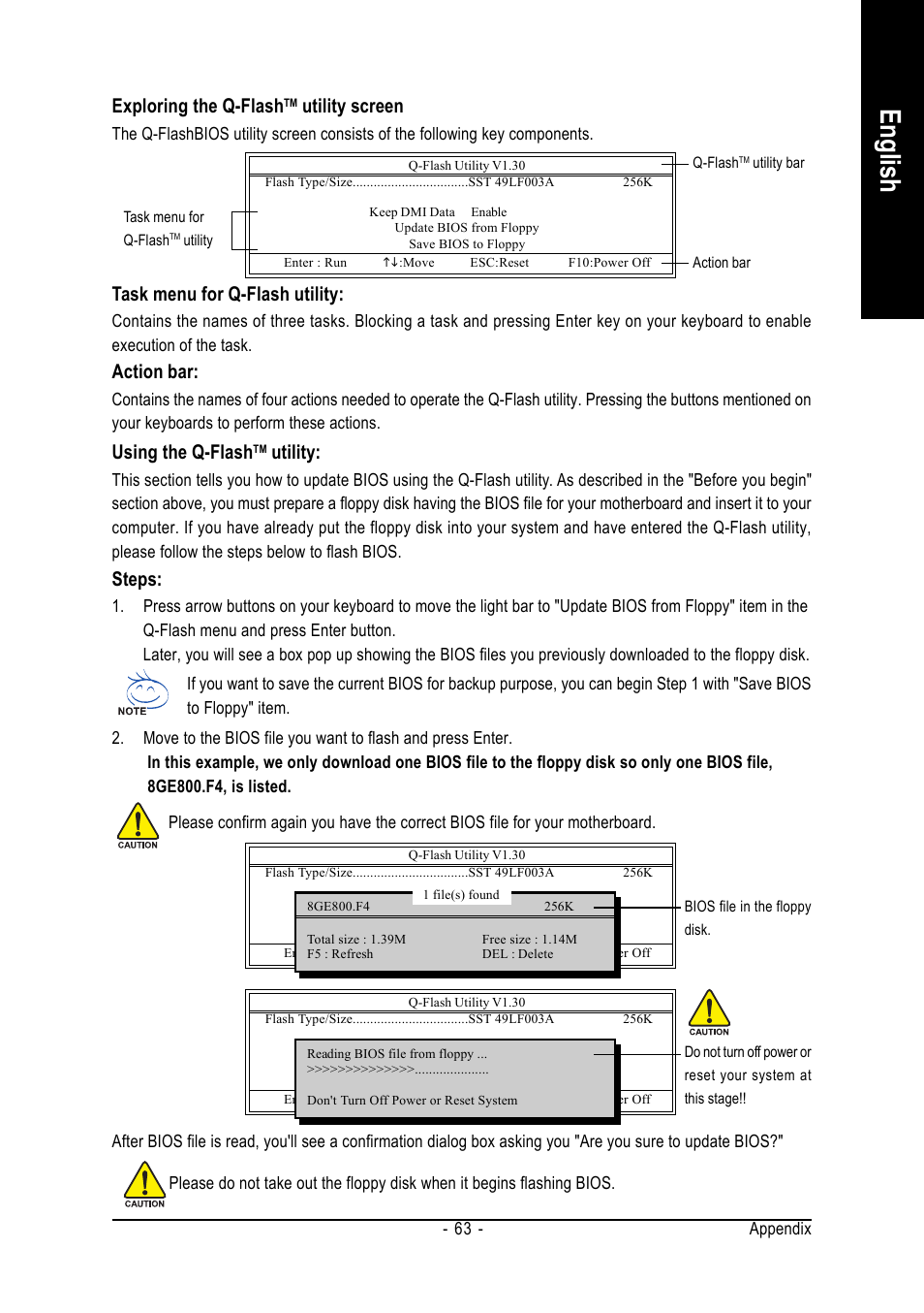 English, Exploring the q-flash, Utility screen | Task menu for q-flash utility, Action bar, Using the q-flash, Utility, Steps | GIGABYTE AMD Socket AM2 Processor Motherboard GA-M55S-S3 User Manual | Page 63 / 88