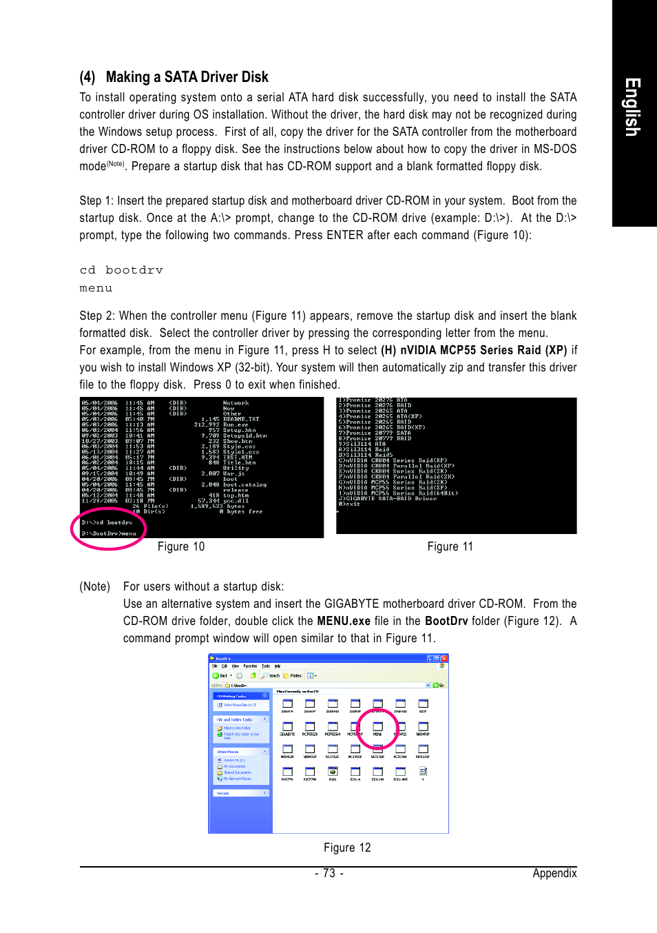 English, 4) making a sata driver disk | GIGABYTE AMD Socket AM2 Processor Motherboard GA-M55S-S3 User Manual | Page 73 / 88