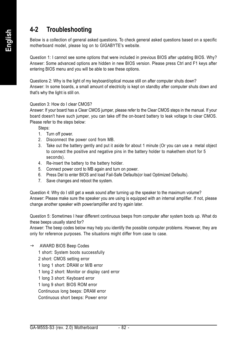 English, 2 troubleshooting | GIGABYTE AMD Socket AM2 Processor Motherboard GA-M55S-S3 User Manual | Page 82 / 88