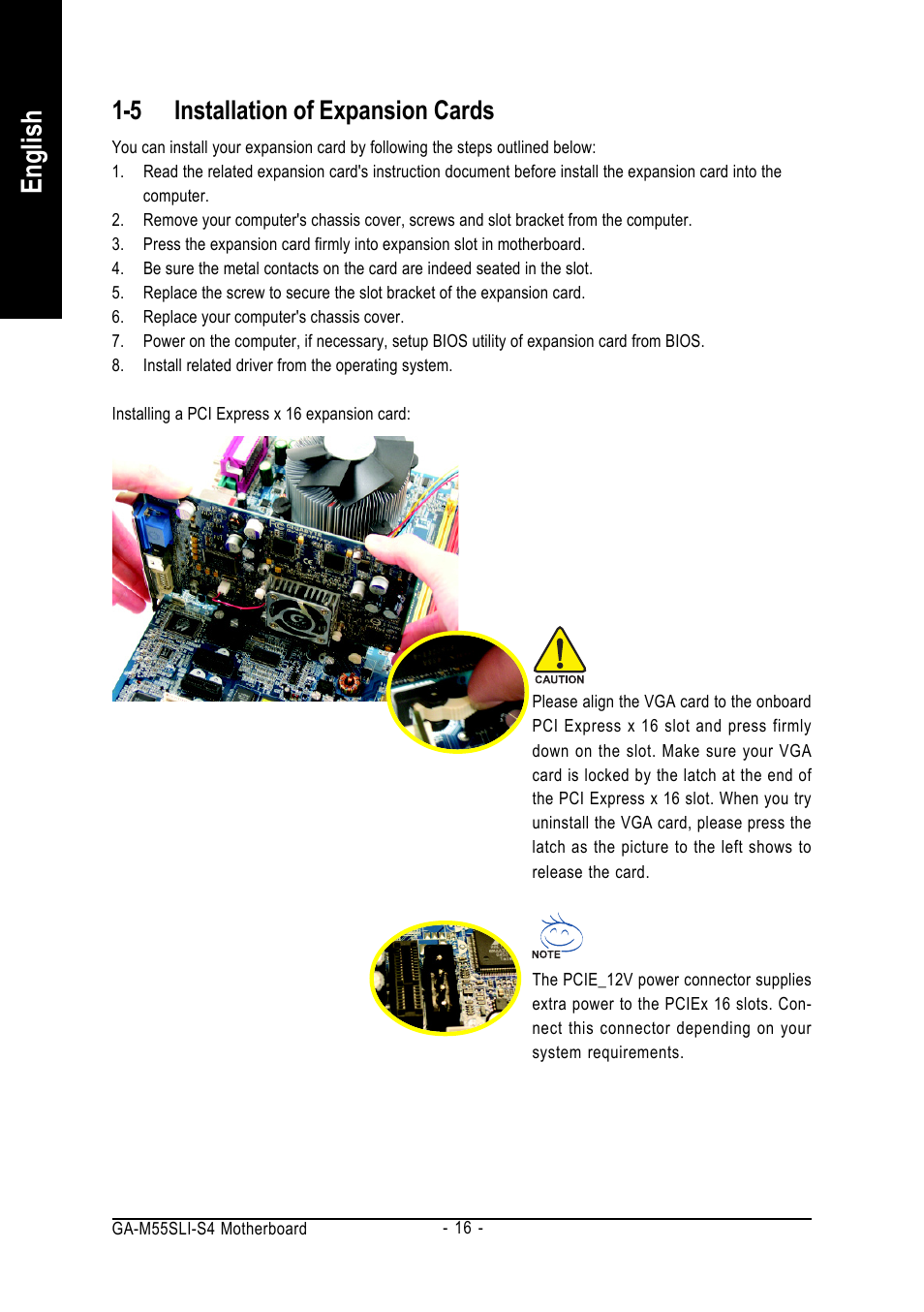 English, 5 installation of expansion cards | GIGABYTE AMD Socket AM2 Processor Motherboard GA-M55SLI-S4 User Manual | Page 16 / 96